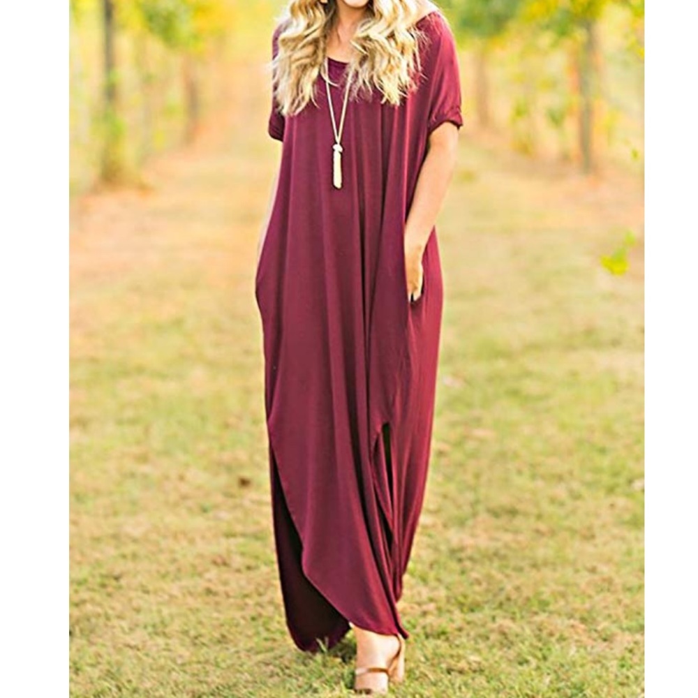 Burgundy Red Cami Boho Maxi Dress With Pockets - Picture 3 of 6